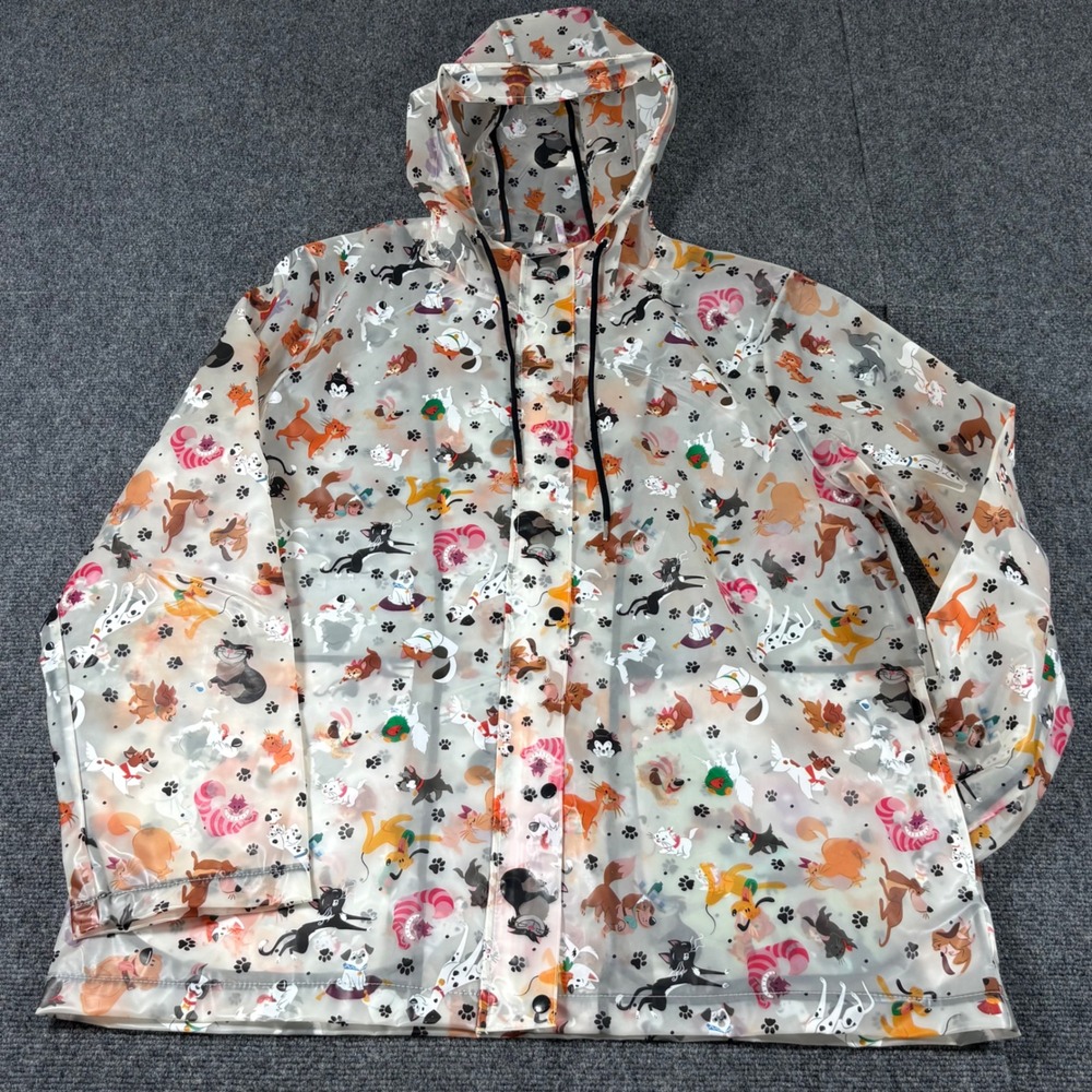Disney Cats and Dogs Raincoat Womens XL Clear Hooded Slicker Jacket Disney World